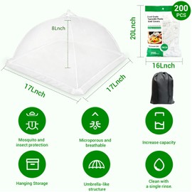6 Pack 17"x17" Food Covers + 200pcs Plastic Wrap for Food, White Pop-Up Umbrella Food Screen Tents with Storage Bag, Reusable Outdoor Net for Picnic, BBQ, Camping, Party & Indoor Kitchen Use