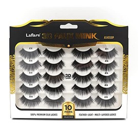 Laflare Premium Silk Lashes 3D Faux Mink Eyelashes Multipack, Light, Natural Looking, Professional Easy to Apply Eyelashes in a Knitted Style 10 Pairs Jumbo Pack (A14X10P)