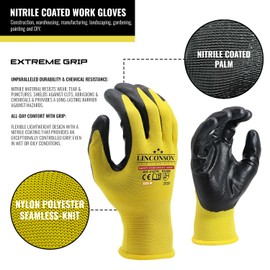 LINCONSON 12 Pack Extreme Grip Lightweight Nitrile Coated Construction & Mechanics Work Gloves (Yellow, XL (12 Pack))