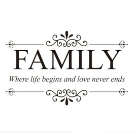 Family Theme Home Decor Quotes Wall Decal Family Where Love Begins and Love Never Ends Sayings Vinyl Decoration Wall Stickers for Living Room,Bedroom Wall Mural TM-24 (Black)