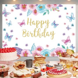 Happy Birthday Backdrop Watercolor Flowers Butterfly Birthday Photography Background Butterfly Spring Themed Birthday Banner Party Decoration Supplies