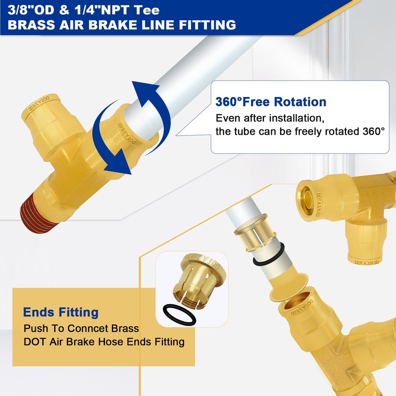 Daptemn DOT Brass Air Line Fittings, 3PCS 3/8" OD Tube