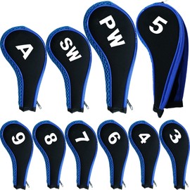 Golf Iron Head Covers Neoprene Long Cover with Zipper 10 12 Pack Set 3 4 5 6 7 8 9 PW SW LW A Large Printing Number,Black Blue Red Color (Black-12 Pack)