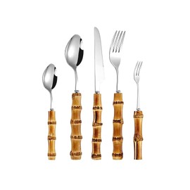 bamboo silverware set for 6,18/8 stainless steel bamboo handle flatware sets cutlery set for dinning,forks and spoons set for home and kitchen, gift for mother and wife