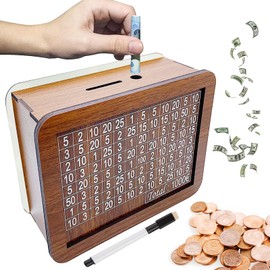 Wooden Money Box with Numbers Checks, Money Saving Box, Money Box for Ticking with Target Money Saving Box with Goal, Holiday Money Box, Piggy Bank, Money Box