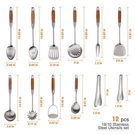 304 Stainless Steel Kitchen Utensils Set with Wooden Handle,12 Pcs Heat Resistant Metal Cooking Utensils Set,Spatula, Ladle, Skimmer, Spaghetti Spoon,Tongs,Potato Masher