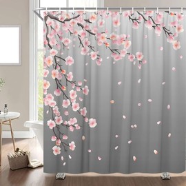 GIXKOXE Cherry Blossom Shower Curtain Pink Grey Blooming Floral Asian Japanese Watercolor Flower Branch Nature Plant Bathroom Decor Curtains Polyester with Hooks