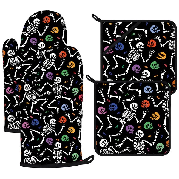 Colorful Skull Oven Mitts and Pot Holders Sets 4Pcs,Heat Resistant