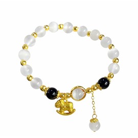 QRH Chinese New Year of The Horse Natural Stone Bracelets Horse Stone Stretch Beads Bracelet Gold Zodiac Horses White Natural Stone Bracelets Horses Good Luck Amulet Blessing New Year Bracelet Gift