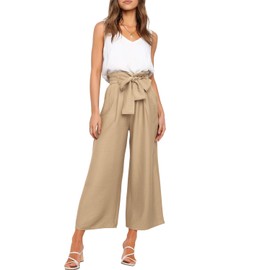 FANCYINN Womens 2 Piece Crop Pants Set V Neck Tank Wide Strap Tops High Waisted Cropped Paper Bag Pants with Belt Khaki XS