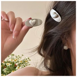 MISS MUMU Hair Accessories, Hair Clip, Set of 1, Silver Accessories, Heart-shaped Pearls, Hair Ornament, Ribbon Pin, Hair Arrangement, Barrette, Hair Clip, For Women, Weddings, Parties, Cute, Popular