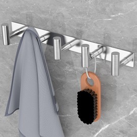 PMMASTO Coat Rack Wall Mount with 5 Coat Hooks, T Shaped Wall Hooks for Hanging Hat Towel Robes, Heavy Duty Stainless Steel Coat Hanger in Bathroom Kitchen Entryway (Silver, 1 Pack)