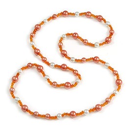 Avalaya Classic Peach Orange/White Glass Bead Long Necklace/ 84cm L