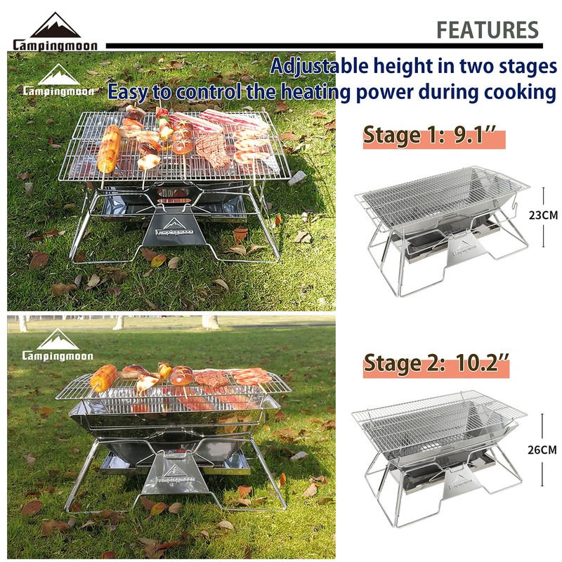 CAMPINGMOON Portable Camping Fire Pit Stainless Steel Foldable Collapsible BBQ