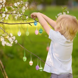 Jangostor 48 Pieces Painted Plastic Eggs, 4 cm Hanging Easter Egg Decorations with Different Style Dots Stripes Flowers for Tree School Home Office Party Supplies Easter Day Decoration