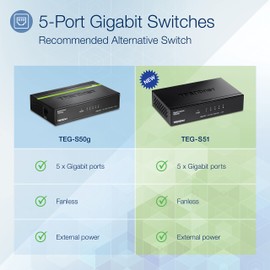 TRENDnet Gigabit Desktop Switch, TEG-S51, 5 x Gigabit RJ-45 Ports, Ethernet Splitter, 10Gbps Switching Capacity, Fanless Design, Metal Enclosure, Lifetime Protection