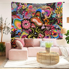 Simpkeely Aesthetic Tapestry Mushroom Eye Tapestry Wall Hanging Floral Tapestry Colorful Hippie Tapestries for Bedroom - 70.9" x 90.6"