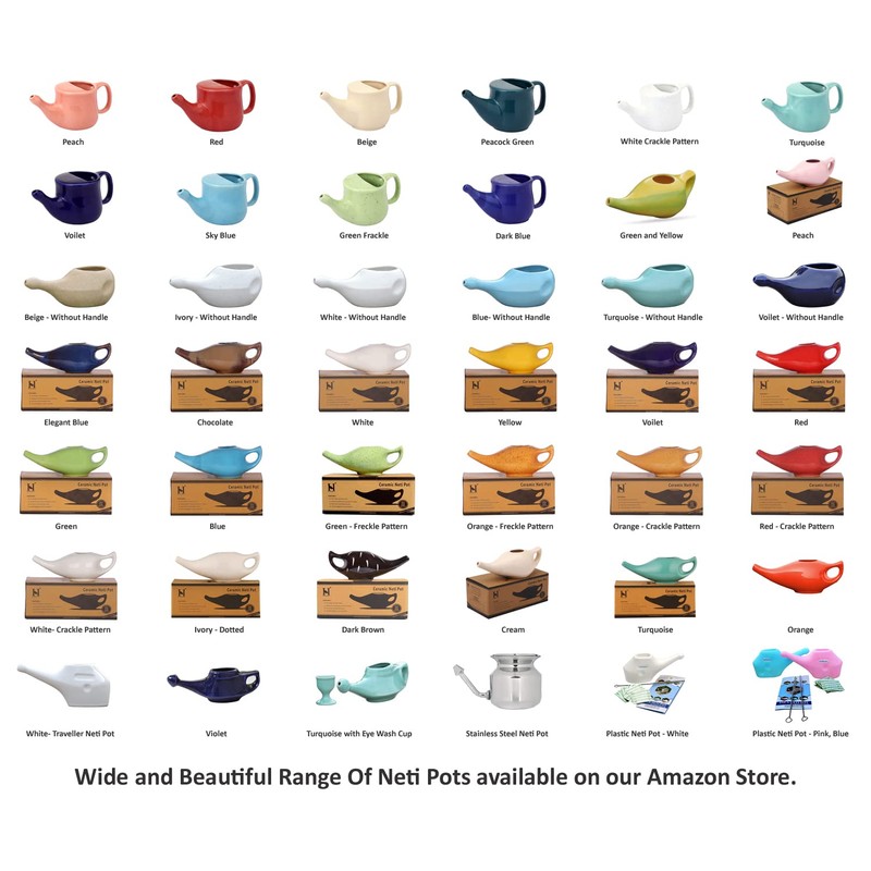 HealthGoodsIn Ceramic Neti Pot, Spill Proof with 5 Sachet Neti