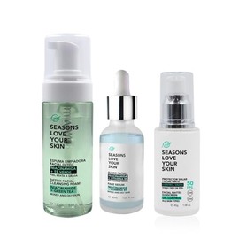 Seasons Love Your Skin Tratamiento con Niacinamida: Limpiador Facial en Espuma Detox + Serum Facial Niacinamida + Protector Solar FPS 50 Efecto Mate