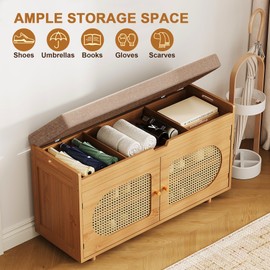 Rattan Shoe Storage Bench Entryway Bench with Storage, Shoe Bench Shoe Cabinet Storage for Entryway, Shoe Rack Bench Shoe Organizer Cabinet with Cushion for Entrance, Hallway, Living Room, Bedroom