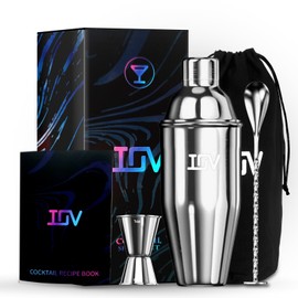 IOV Cocktail Shaker Bar Set, 24oz Martini Shaker with Built-in Strainer, Bar Tool Kit with Recipes Booklet, Professional Stainless Steel Large Bartender Drink Shaker Margarita Alcohol Mixer- Silver