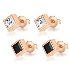 Yulovee 2 Pairs Rose Gold Plated Square Crystal Stud Earrings Women White/Black Cubic Zirconia Earrings Set for men-Rose Gold Tone.