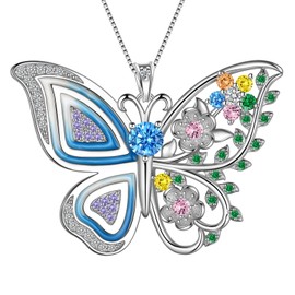 Aurora Tears 925 Sterling Silver Butterfly Flower Pendant Necklace - Colorful Enamel Zircon Adjustable Chain Jewelry Gift for Women Her DP0383W
