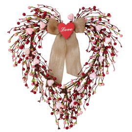 TEMPUS 18” Artificial Valentine's Day Heart Wreath Pink Heart Berry Wreath Valentine's Day Wall Door Home Wedding Party Anniversary Decorations Girl Friend Valentine's Day Decorations