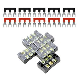 YXQ 600V 25A 3 Positions Double Row Screw Terminal Barrier Strip Block and 25A 3 Positions Pre-Insulated (5+5) Black Red Fork Type Jumper Strip