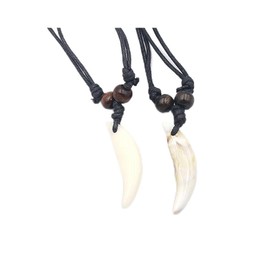 2PCS Hawaiian Protection Amulet Lucky Pendant Necklace Vintage Tiki Fish Hook Turtles Tortoise Shark Wolf Tooth Caved Satue Adjustable Rope Chain Necklaces for Men Women-Wolf tooth