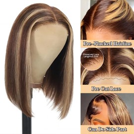 Wear and Go Glueless Bob Wig Human Hair Pre Cut Ombre Highlight Bob Wig Human Hair Glueless 4x4 HD Lace Closure Glueless Wigs Human Hair Pre Plucked Short Straight Blonde Bob Wigs for Women