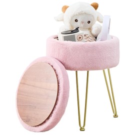 Cplxroc Vanity Stool Chair Faux Fur with Storage, Ottoman 3 Metal Legs with Anti-Slip Feet, Furry Padded Seat, Modern Multifunctional Chairs for Makeup, Bedroom (Pink)