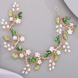 Diadema de flores bonitas para novia, dama de honor, pieza para el cabello con hojas verdes y cristales, enredadera para el cabello con cuentas