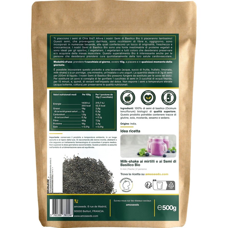 Semi di Basilico Bio 500G | Sazietà, Rinfrescanti, Ricchi di