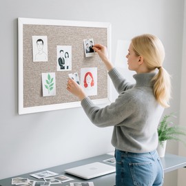 VUSIGN Linen Bulletin Board, 30'' x 20'' Large White Cork Board Decorations, Wall Mounted White Framed Cork Boards, Fabric Pin Boards for Walls with 10 Pushpins for Home, School, Office