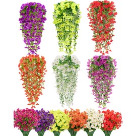 Zeyune 48 Pcs Artificial Hanging Flowers Plants for Outdoors Faux Hanging Plant Faux Silk Morning Glory with Eucalyptus Leaves Artificial Plants Summer Fall Decoration for Window Yard Garden Decor