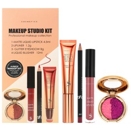 U-Shinein Blush Eyeshadow Lip Liner and Lipstick Makeup Set, Liquid Blush Beauty Wall, Shimmer Glitter Eyeshadow Palette, Matte Lipstick and Lip Liner, Christmas Makeup Gift, 4Pcs, 07