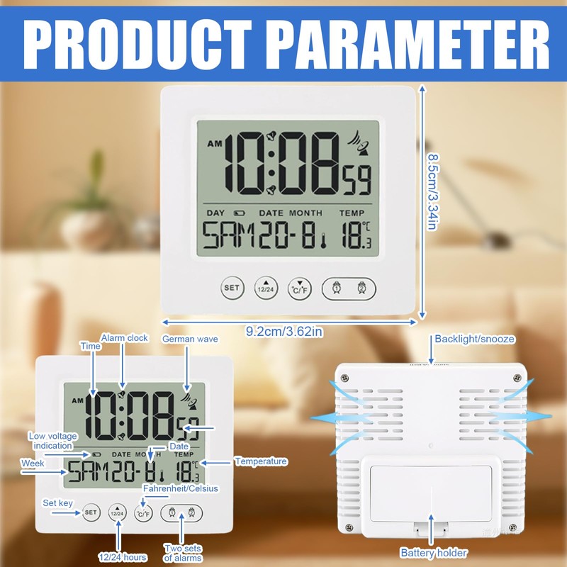 Digital Radio-Controlled Alarm Clock with Thermometer, Alarm Clock Digital with