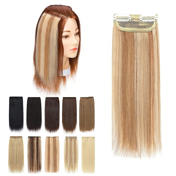 Invisible Clip in Mini Hair Extensions Human Hair Seamless Hairpin Hair Pad Short Straight Hairpieces One Piece Wiglet Hair Filler for Adding Hair Volume 6 Inch Golden Brown mix Bleach Blonde