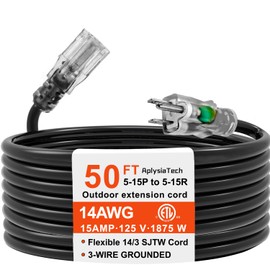 50FT 14/3 Gauge Heavy Duty Outdoor Extension Cord Waterproof with Lighted, Flexible Cold Weather 3 Prong Electric Cord Outside, 15A 1875W 125V 14AWG SJTW,ETL Listed