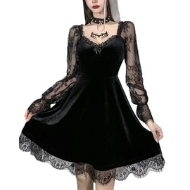 Women 's Black Gothic Lolita Lace Dress Long Sleeve Lace-up Vintage Punk Puff Sleeve A Line Swing Short Goth Dress (A-Black, S)