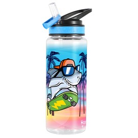 Home Tune Cute Water Bottle for School Boys, BPA FREE Tritan & Leak Proof Flip Straw & Easy Clean & Carry Handle, 23oz/ 680ml (Skateboard Shark)