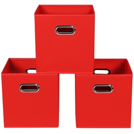 Yunkeeper Fabric storage bins Cubes, Fabric Cube Organizer with Handle, Foldable Cube Bins for Cloth or Accessary Storage, 11x11x11, Set of 3, (Red)