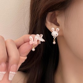 Wendalern Stud Earrings Tiny Rabbit Bow Earrings Cute Resin Bunny Stud Earrings Mismatched Rabbit Ear Stud Earrings Jewelry for Women and Girls