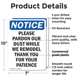 (2 Pack) Please Pardon Our Dust While We OSHA Notice Sign 7 Inch X 10 Inch Plastic Sign, Weather Resistant, UV Protected for Workplace, Business, and Construction Site, Made in the USA
