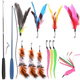Goldge Cat Toy Feathers Retractable Fishing Rod with 12 Refills Interactive Indoor Cat Kitten