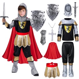TOLOYE Knight Costume Children, Medieval Costume with Knight Helmet Sword Shield Cape, Gift for Boys, Fancy Dress Costumes Children Knight Costume for Cosplay Carnival Role Play Party (XL)