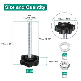 sourcing map 8pcs Star Clamping Knobs with Nuts Washers, M6 x 60mm Metric Zinc Plated Carbon Steel Male Thread 32mm 6-Star Plastic Head, Threaded Stud Hand Knobs Handles Thumb Screws, Black