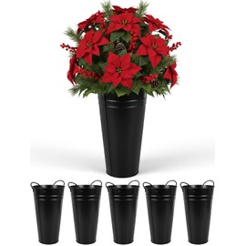 EYUNSTAR Black Flower Bucket for Christmas Decor, 6 Pcs 10.2 Inch Metal Vases, Rustic French Buckets for Holiday Centerpieces, Farmhouse Party & Home Decor
