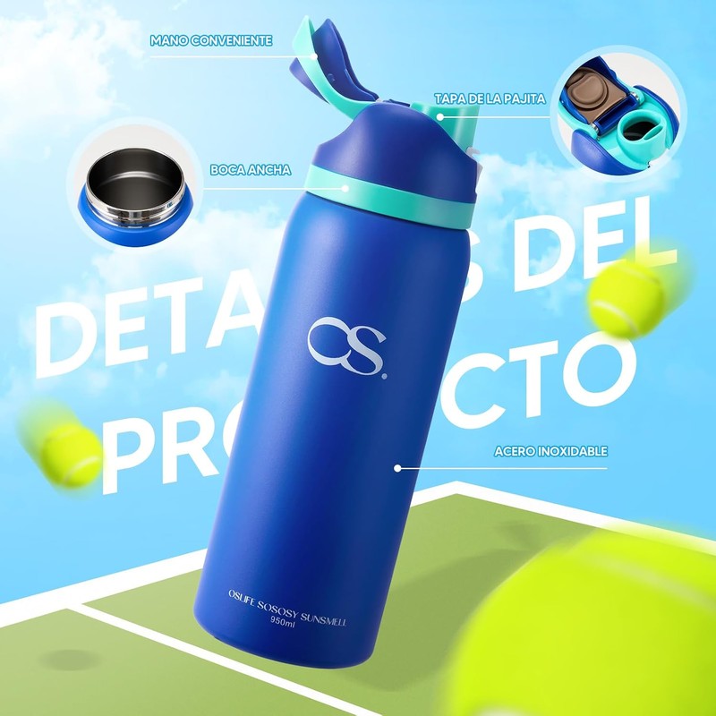 OSLIFE Aislante Térmico Termo Acero Inoxidable，con popote,Botella Deportiva de Doble